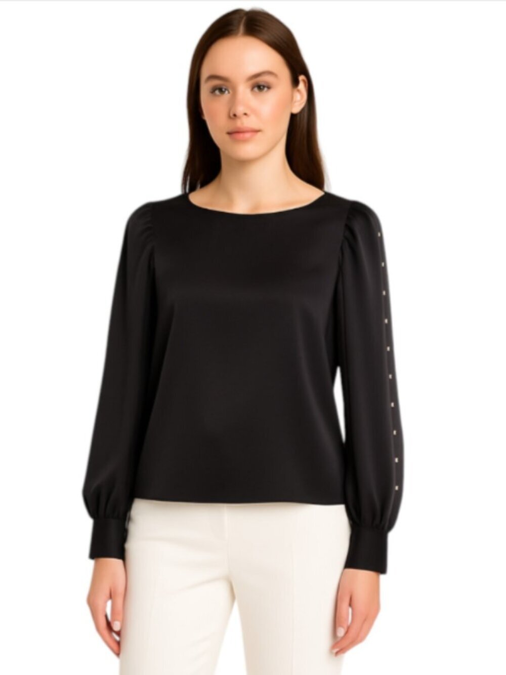 Gap X-Small Black Blouse Semi Sheer Long Double Slit Sleeves with Gold Nailheads